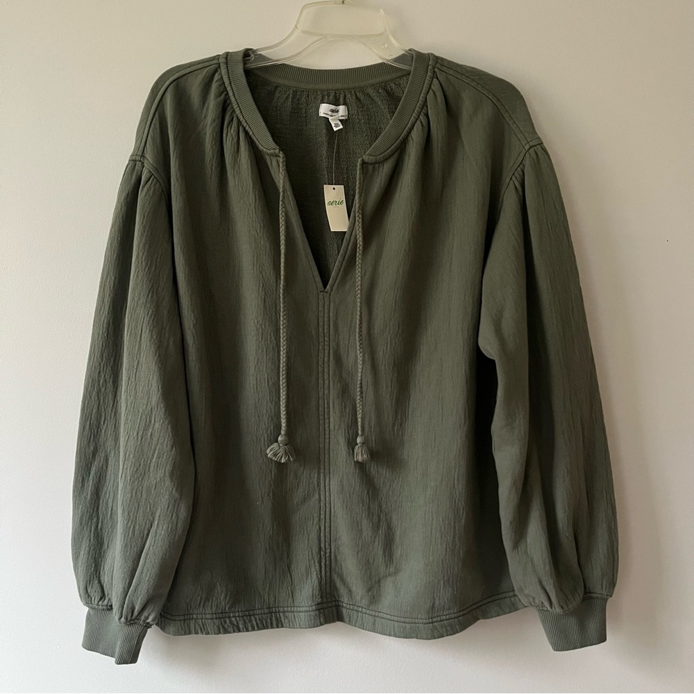 Aerie Oversized Peasant Top XXS Green Split Neck Cotton Boho NEW